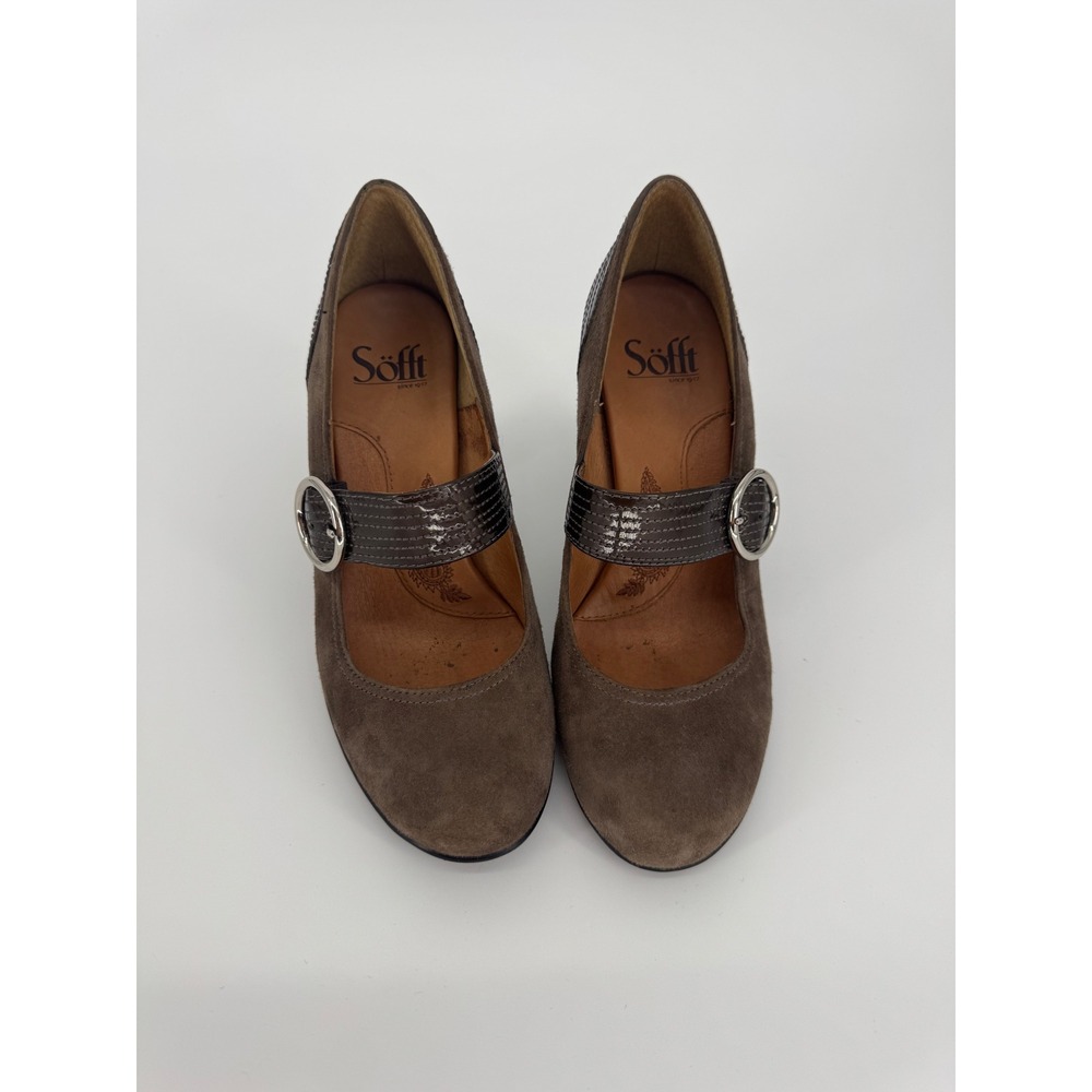 Sofft Brown Suede Mary Jane Heels Textured Leather Buckle Pumps Round Toe 3.25in
